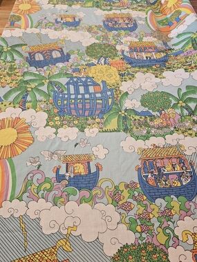 Vintage 70s Noah's Ark Printed Sheet - Multi Color